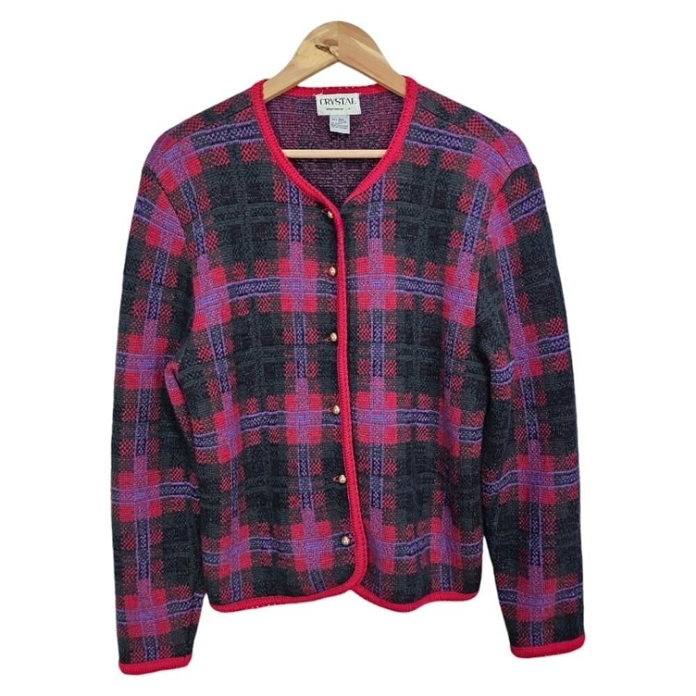 Vintage 90s Grandmacore Boiled Wool Sweater Cardigan Sz Large Red Green Holidays